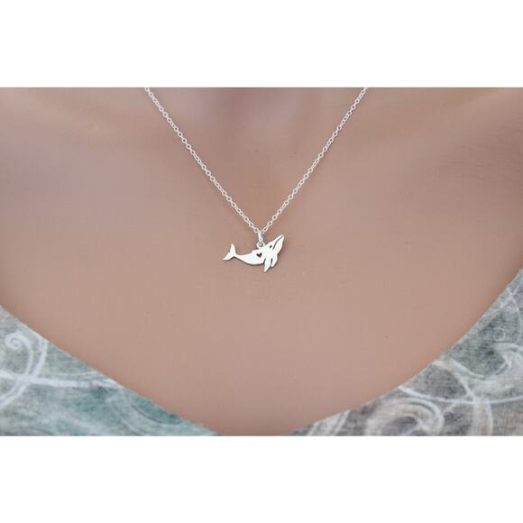 Sterling Silver Humpback Whale Charm with Heart Cutout Necklace - Picture 1 of 5